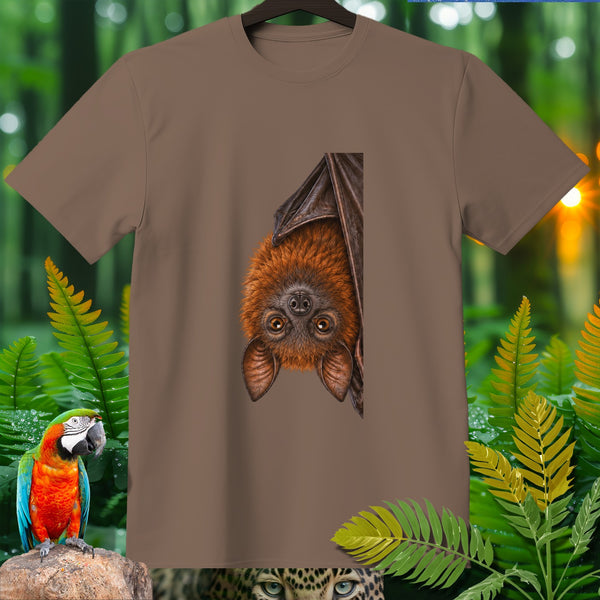 Brown t-shirt with a hanging bat graphic, surrounded by jungle foliage and a macaw.