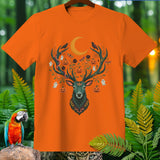 Orange t-shirt with Halloween deer graphic featuring pumpkins, ghosts, and a crescent moon.