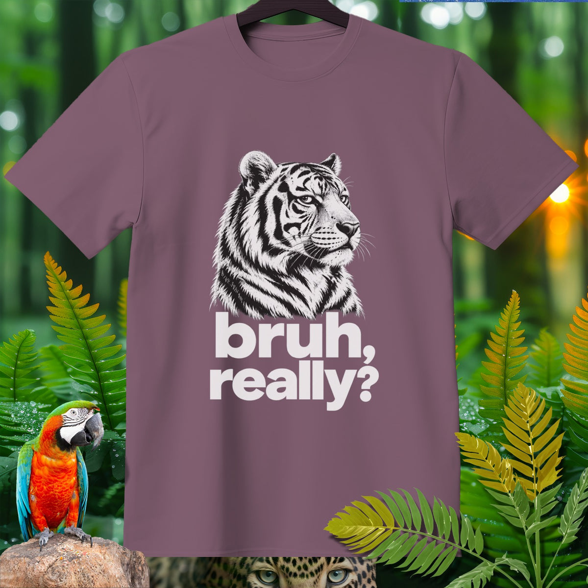 Purple t-shirt with a white tiger graphic and "bruh, really?" text.