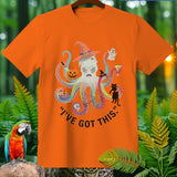 Orange Halloween t-shirt with a witch octopus graphic and text 