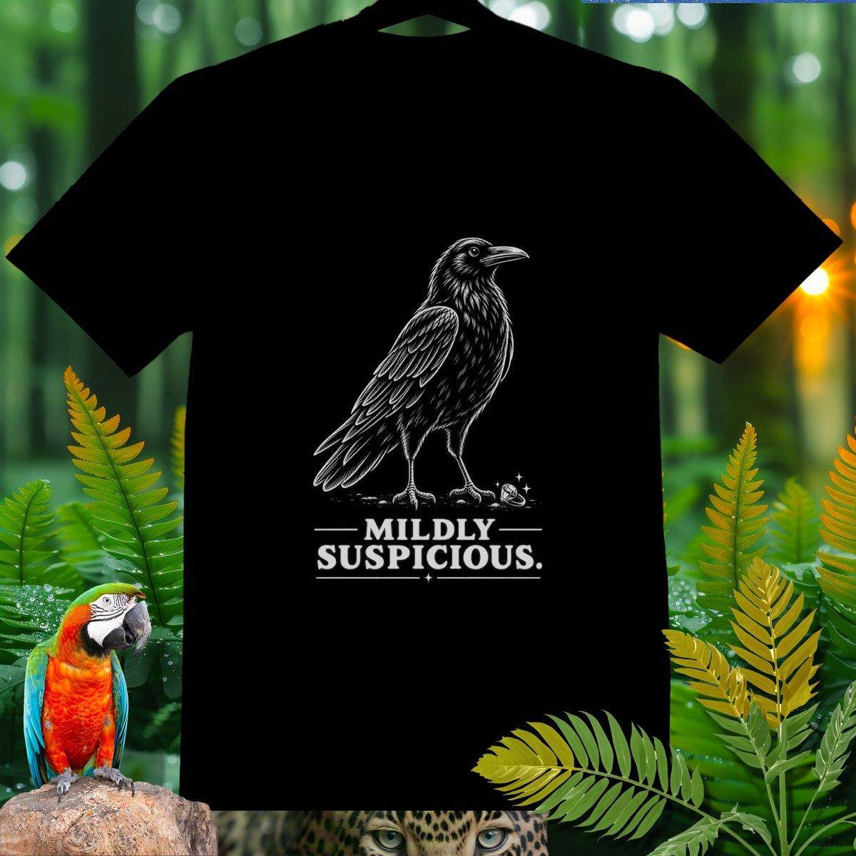 Black t-shirt with white line drawing of a crow and text "MILDLY SUSPICIOUS."