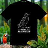 Black t-shirt with white line drawing of a crow and text 
