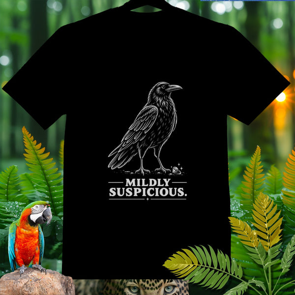 Black t-shirt with white line drawing of a crow and text "MILDLY SUSPICIOUS."