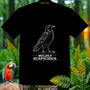 Black t-shirt with white line drawing of a crow and text "MILDLY SUSPICIOUS."