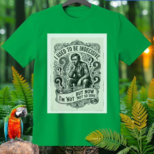 Green t-shirt with I used to be indecisive but now I'm not so sure text and illustration.