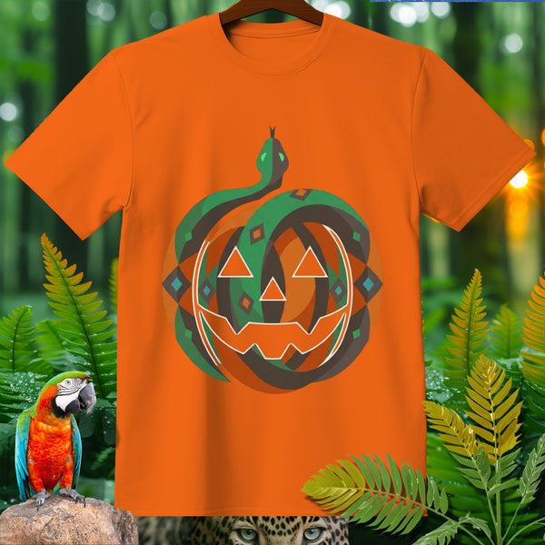 Orange t-shirt with a stylized snake coiled around a jack-o'-lantern graphic.