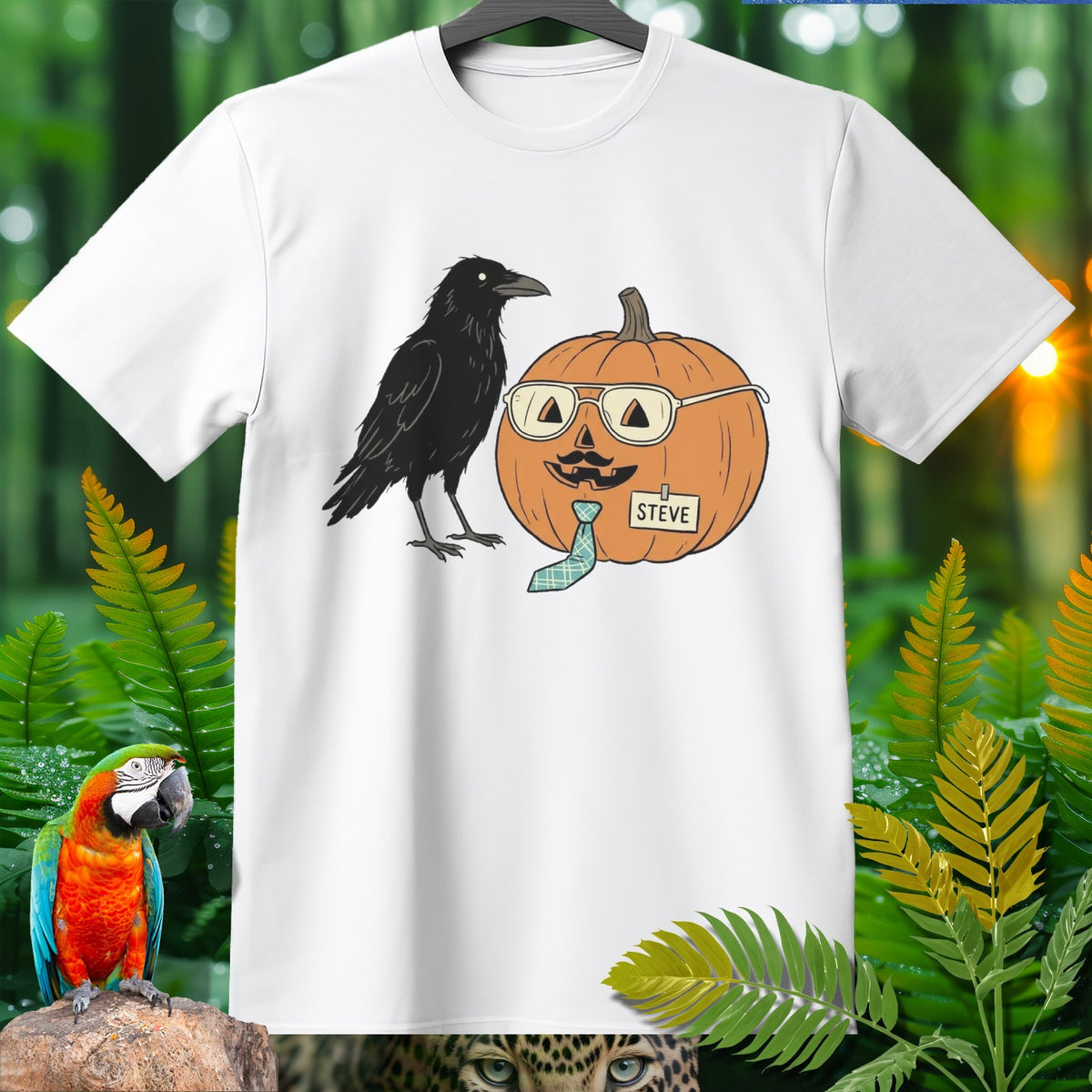 White t-shirt with a crow and a pumpkin with sunglasses and a name tag reading STEVE.