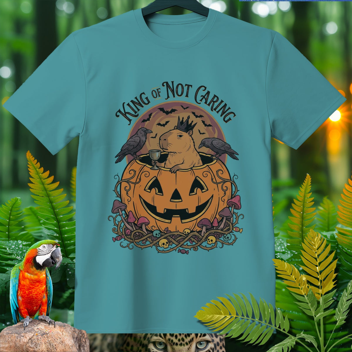 Capybara in pumpkin with crows and text "KING OF NOT CARING".