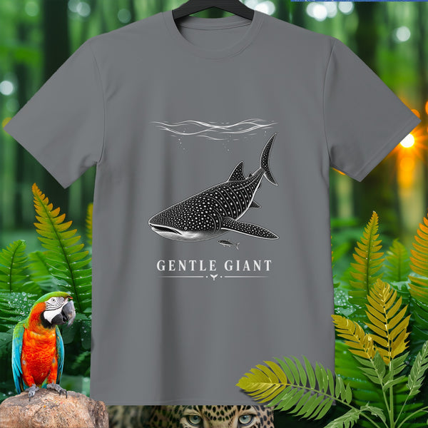 Grey t-shirt with a white whale shark graphic and text "GENTLE GIANT".