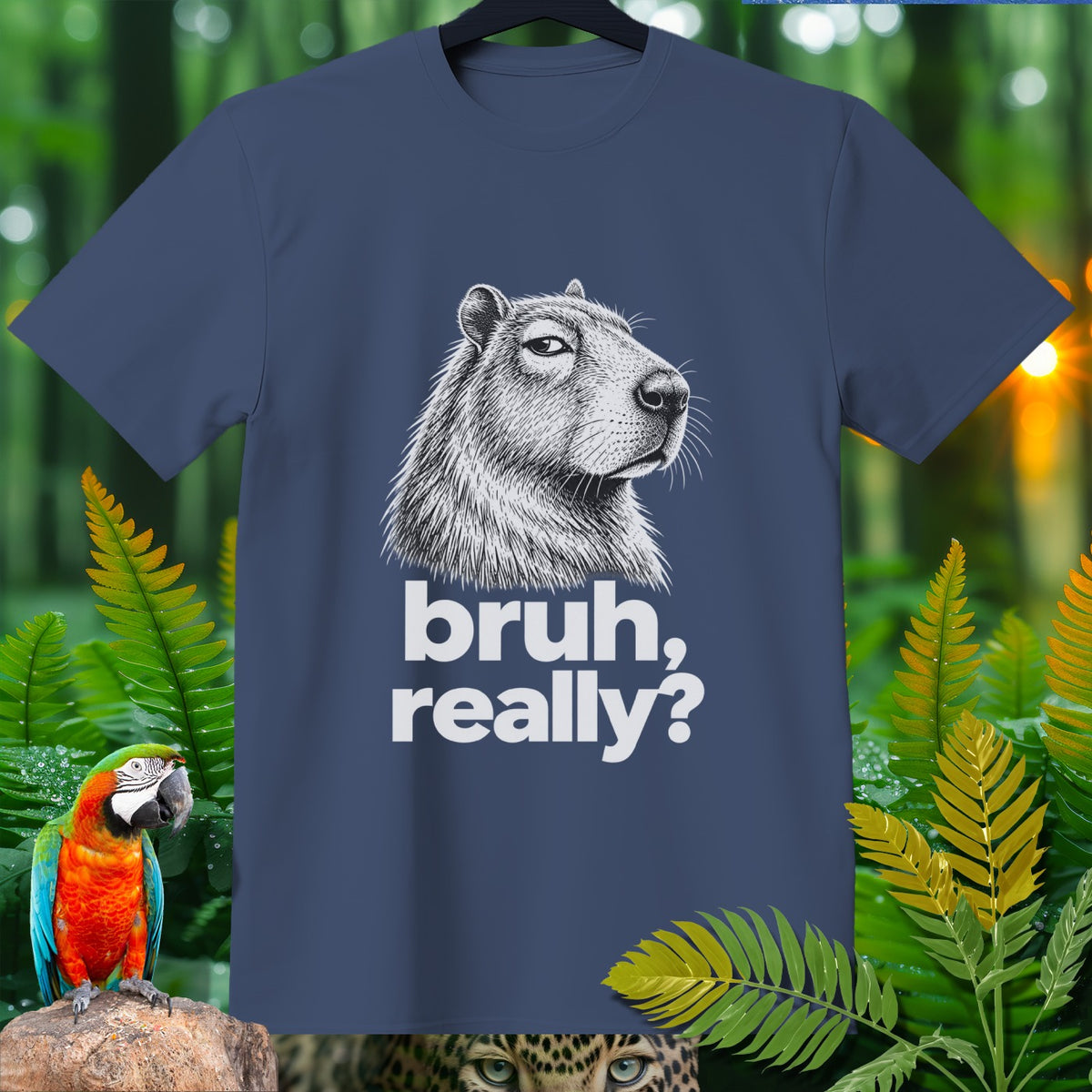 Navy t-shirt with capybara illustration and "bruh, really?" text.
