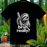 Black t-shirt with a sloth graphic and 