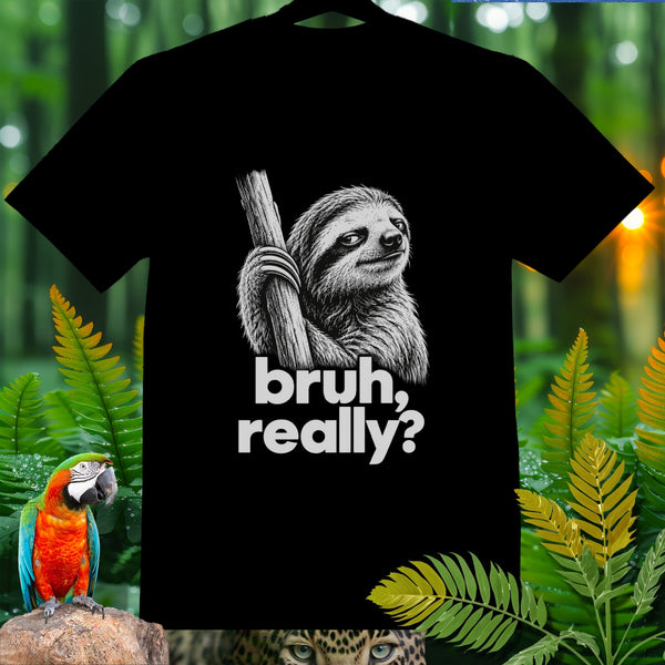 Black t-shirt with a sloth graphic and "bruh, really?" text.