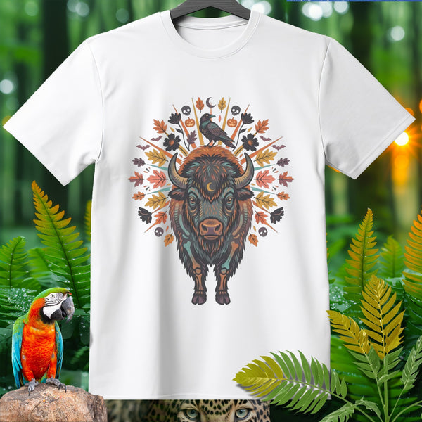 White t-shirt with stylized buffalo, raven, skulls, pumpkins, and leaves design.