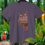 Purple t-shirt with a close-up of a hippo's head and a macaw.