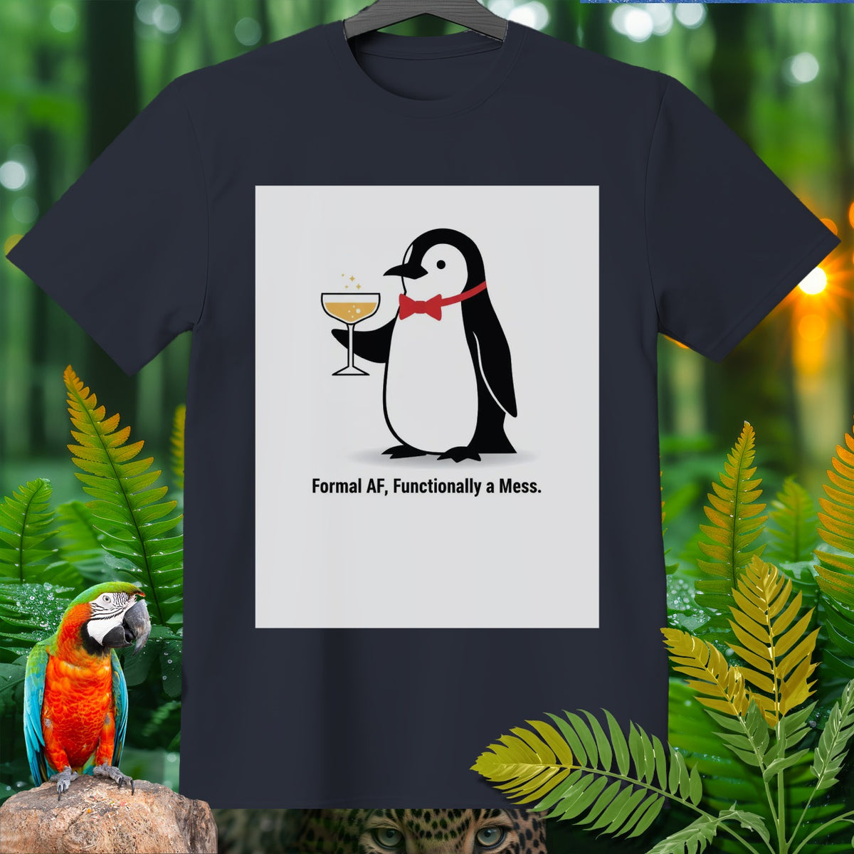 T-shirt with a penguin holding a drink and text "Formal AF, Functionally a Mess."