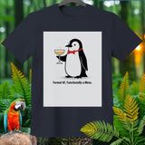 T-shirt with a penguin holding a drink and text 
