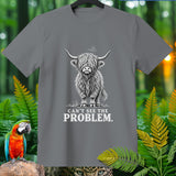 Gray t-shirt with illustration of a shaggy Highland cow and text 