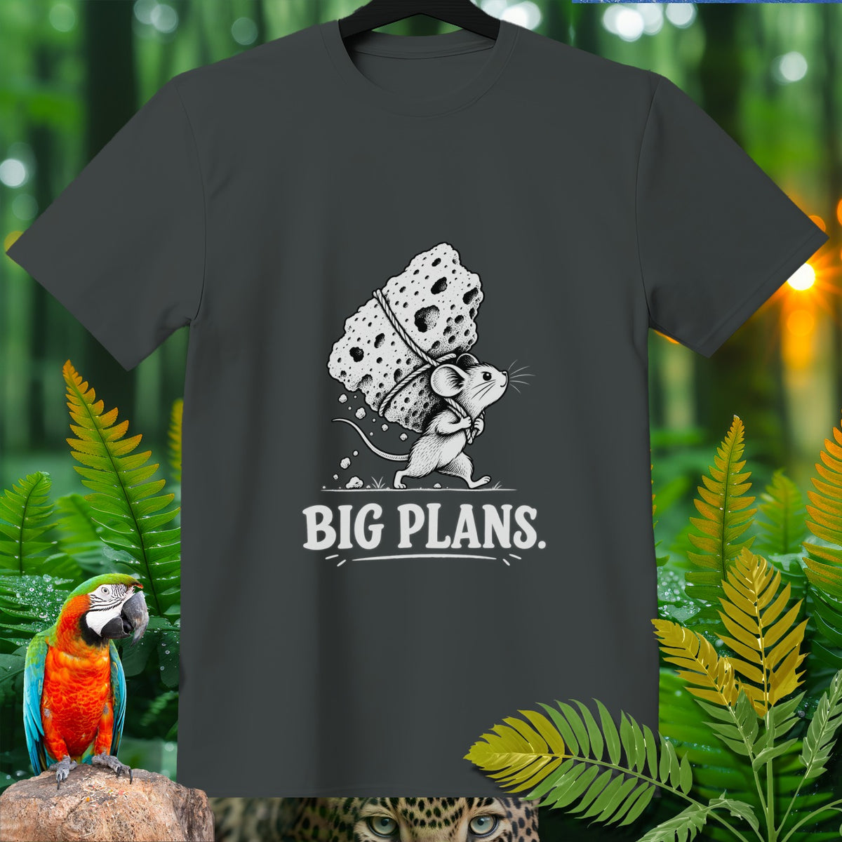 T-shirt with cartoon mouse carrying large cheese block and text "BIG PLANS."