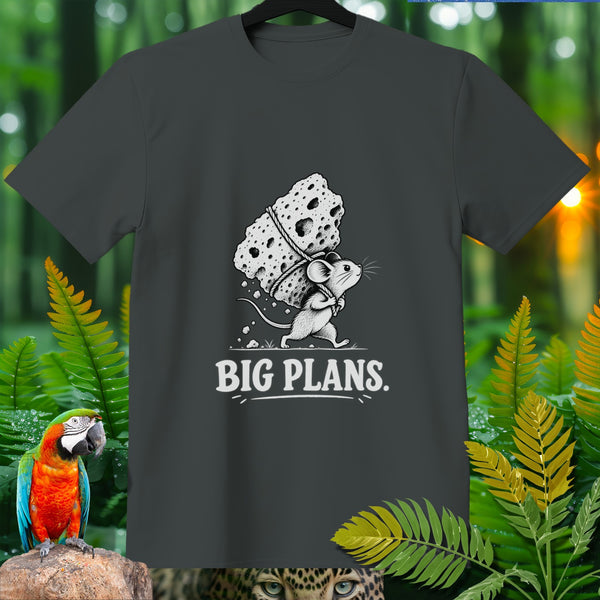 T-shirt with cartoon mouse carrying large cheese block and text "BIG PLANS."