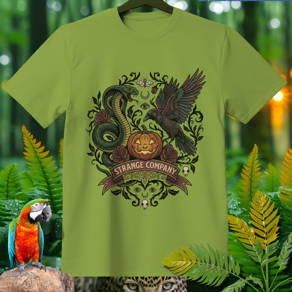 Green t-shirt with Strange Company Halloween graphic featuring a cobra, raven, and pumpkin.