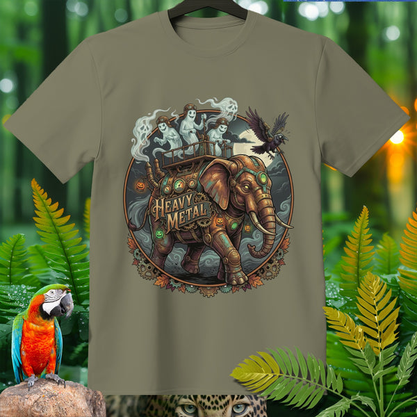 Steampunk elephant with ghosts riding, a crow, and "Heavy Metal" text.