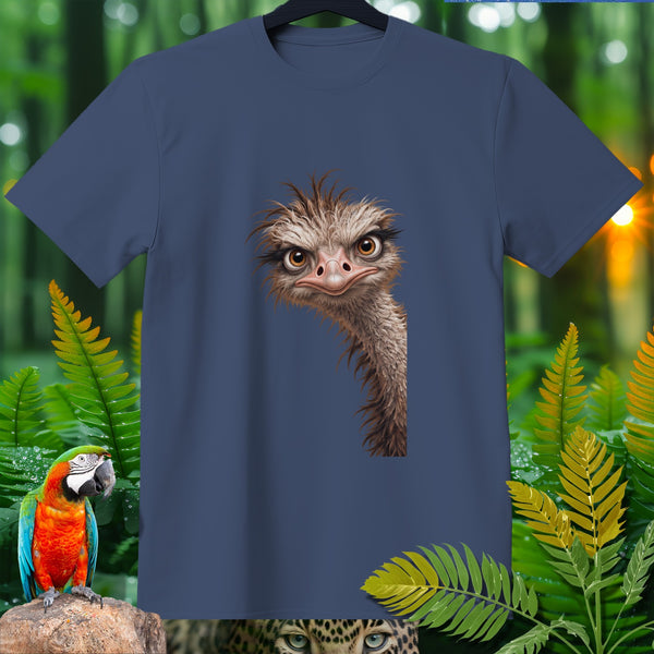 T-shirt with a cartoon ostrich face on a blue background, with ferns and a parrot.