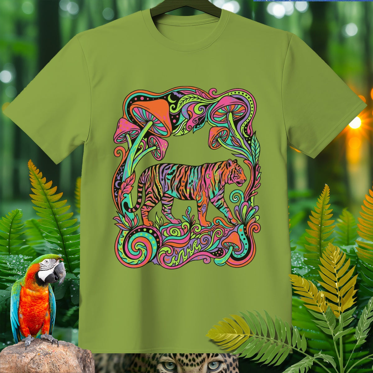 Green t-shirt with psychedelic tiger and mushroom art.