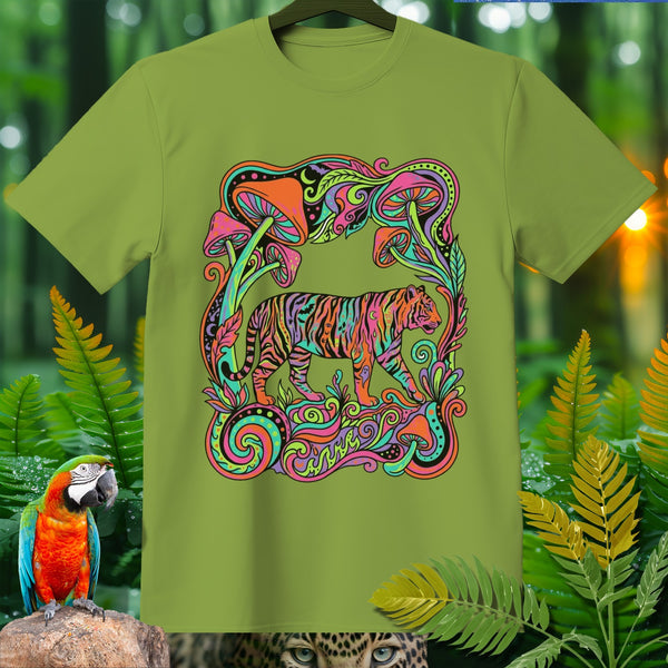 Green t-shirt with psychedelic tiger and mushroom art.