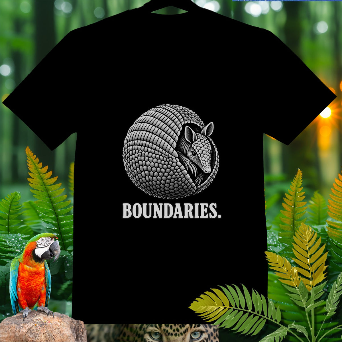 Black t-shirt with a coiled armadillo graphic and the text "BOUNDARIES."