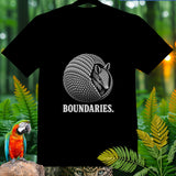 Black t-shirt with a coiled armadillo graphic and the text 