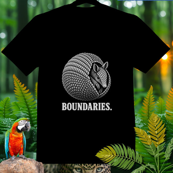 Black t-shirt with a coiled armadillo graphic and the text "BOUNDARIES."