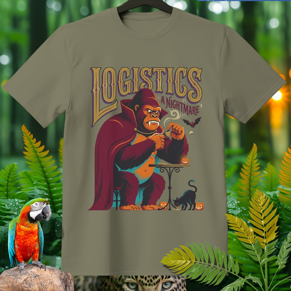 Gorilla in vampire cape drinks coffee with "Logistics A Nightmare" text.