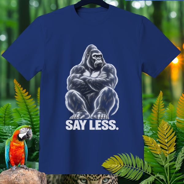 Navy blue t-shirt with a seated gorilla graphic and text "SAY LESS."