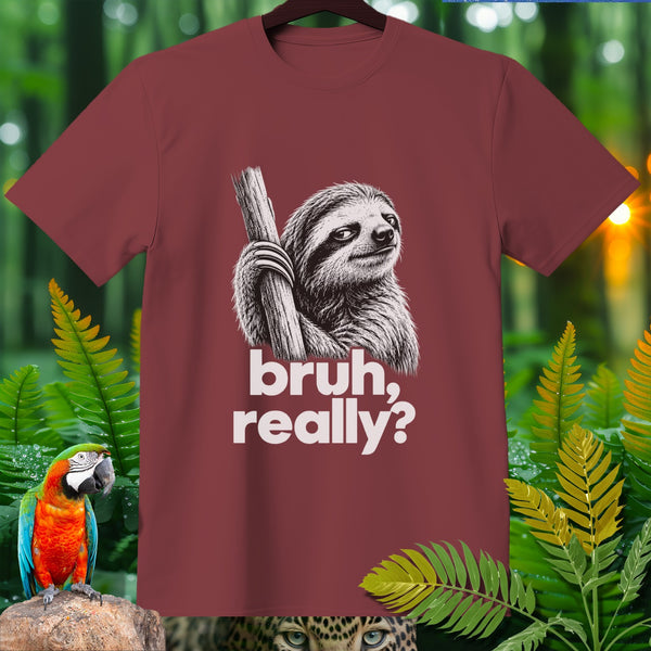 Maroon t-shirt with a sloth graphic and text that reads "bruh, really?".