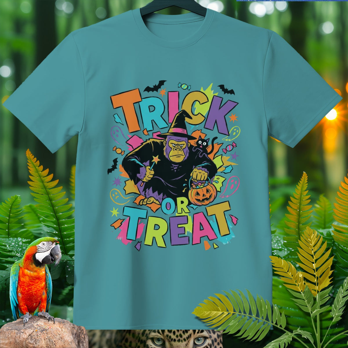 Gorilla in witch hat with candy basket and "Trick or Treat" text.