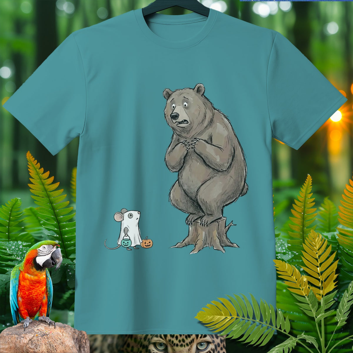 Bear sitting on a stump, looking scared at a mouse in a ghost costume with candy.