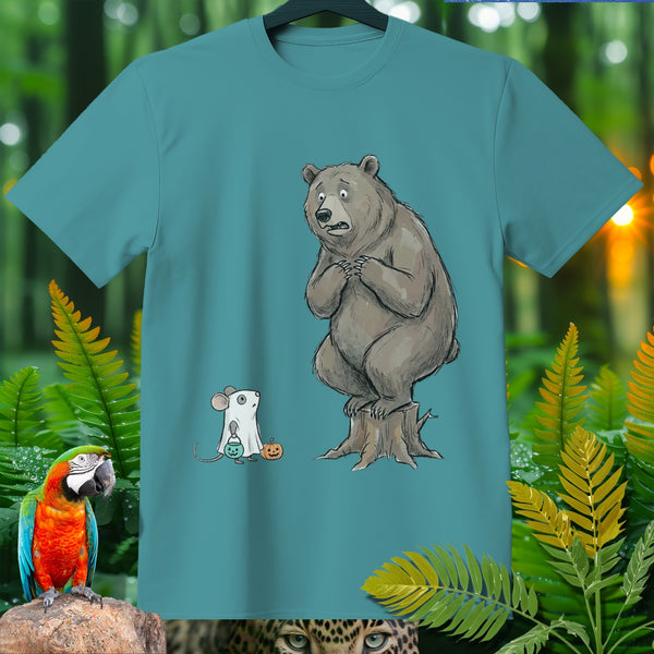 Bear sitting on a stump, looking scared at a mouse in a ghost costume with candy.
