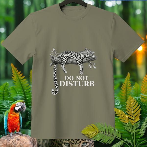 T-shirt with sleeping leopard graphic and "Do Not Disturb" text.