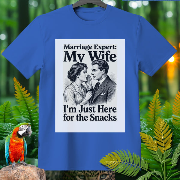 Blue t-shirt graphic with "Marriage Expert: My Wife I'm Just Here for the Snacks" text.