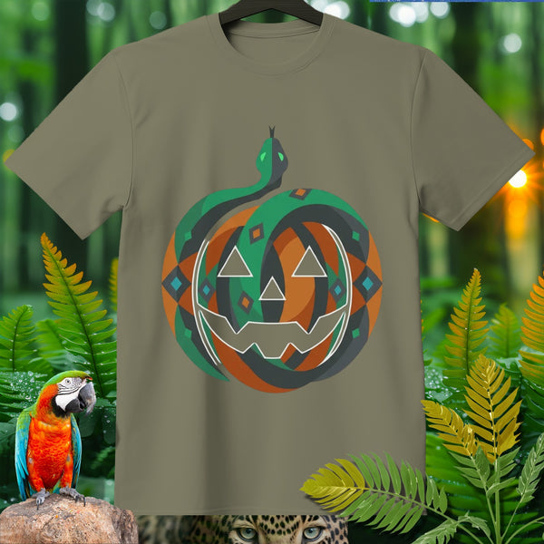 T-shirt with a jack-o'-lantern design wrapped by a snake.