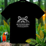 Black t-shirt with a raccoon peeking over saying 