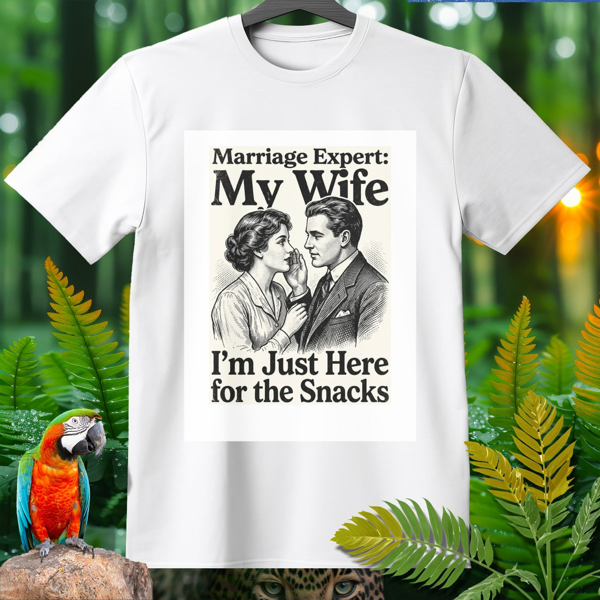 White t-shirt with "Marriage Expert: My Wife I'm Just Here for the Snacks" graphic.