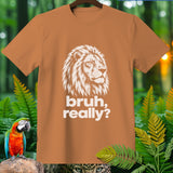 Orange t-shirt with white lion head graphic and text 
