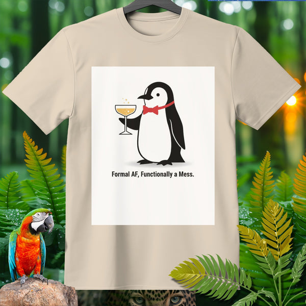 Penguin in a tuxedo holding a champagne glass with text "Formal AF, Functionally a Mess."