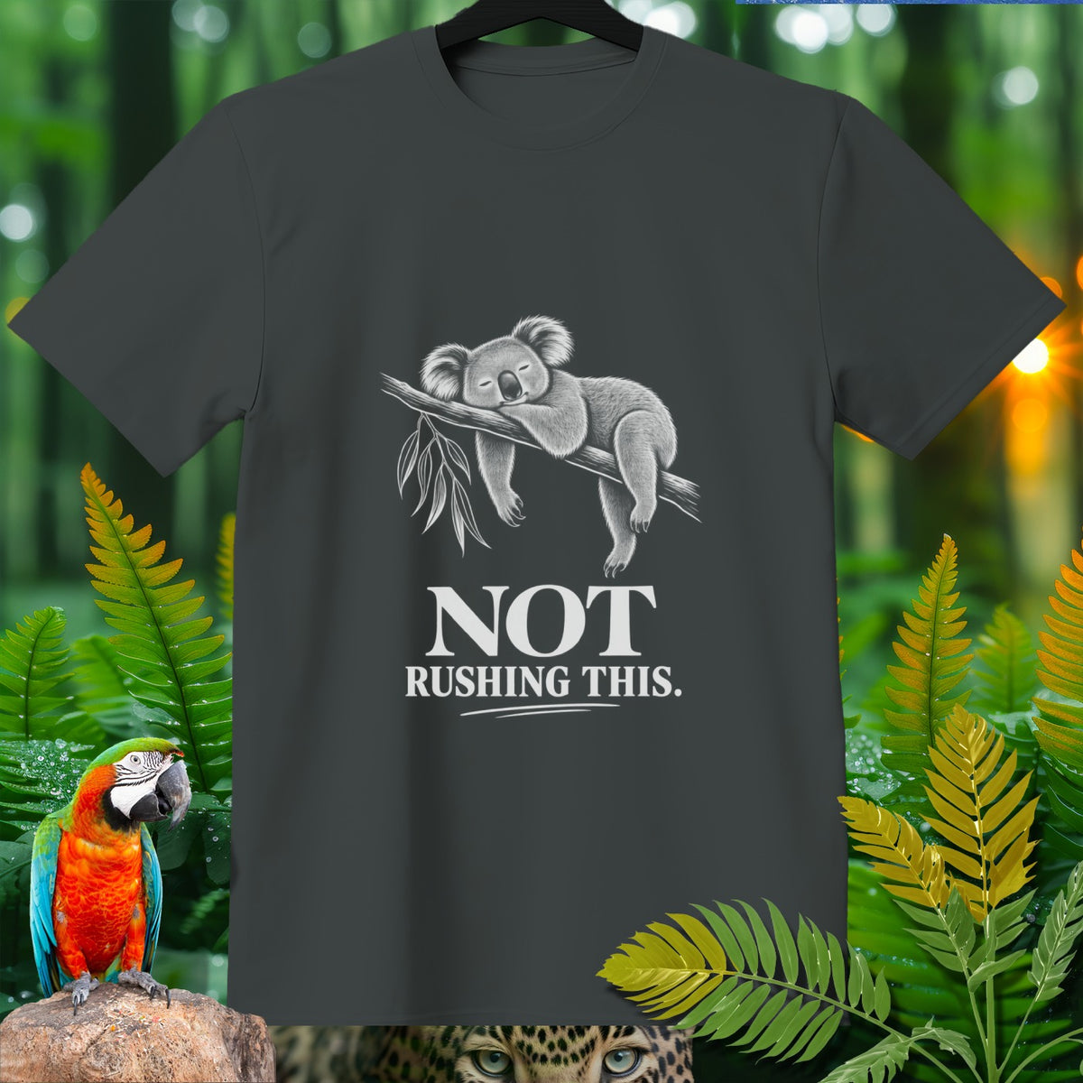 Dark gray t-shirt with a sleeping koala on a branch and text "NOT RUSHING THIS."