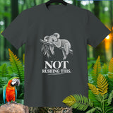 Dark gray t-shirt with a sleeping koala on a branch and text 
