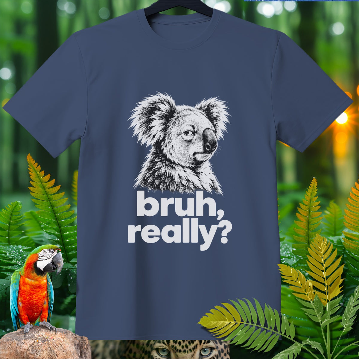 Navy t-shirt with a graphic of a koala and the text "bruh, really?".