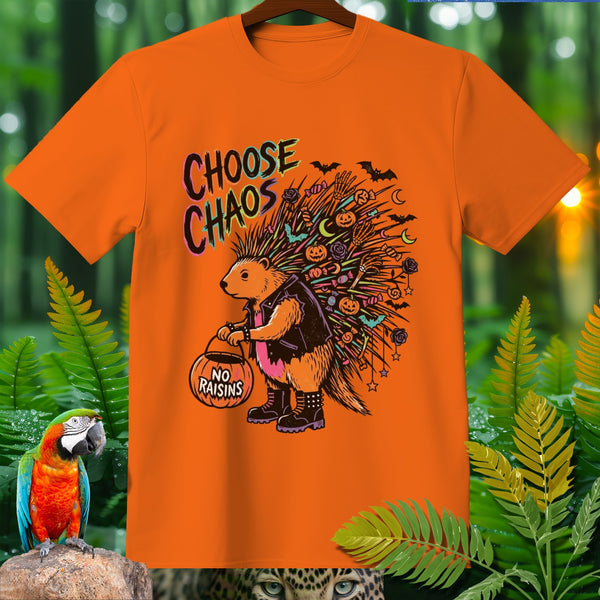Orange t-shirt with a hedgehog graphic that says "CHOOSE CHAOS" and holds a pumpkin.