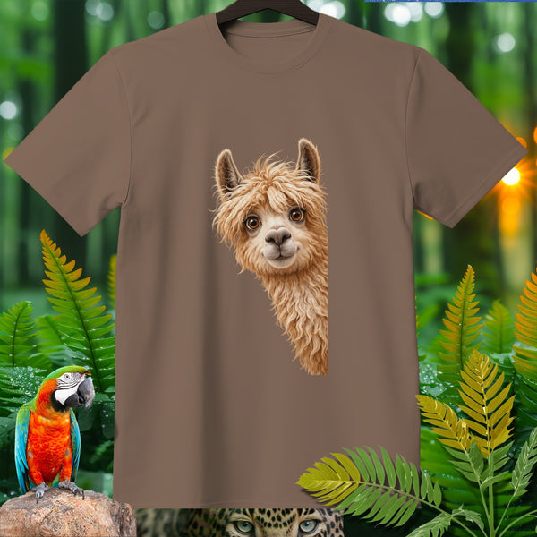 T-shirt with a fluffy alpaca peeking from the side, surrounded by jungle leaves.