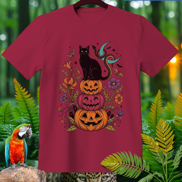 Maroon t-shirt with black cat on stacked pumpkins, moon, snake, and flowers.